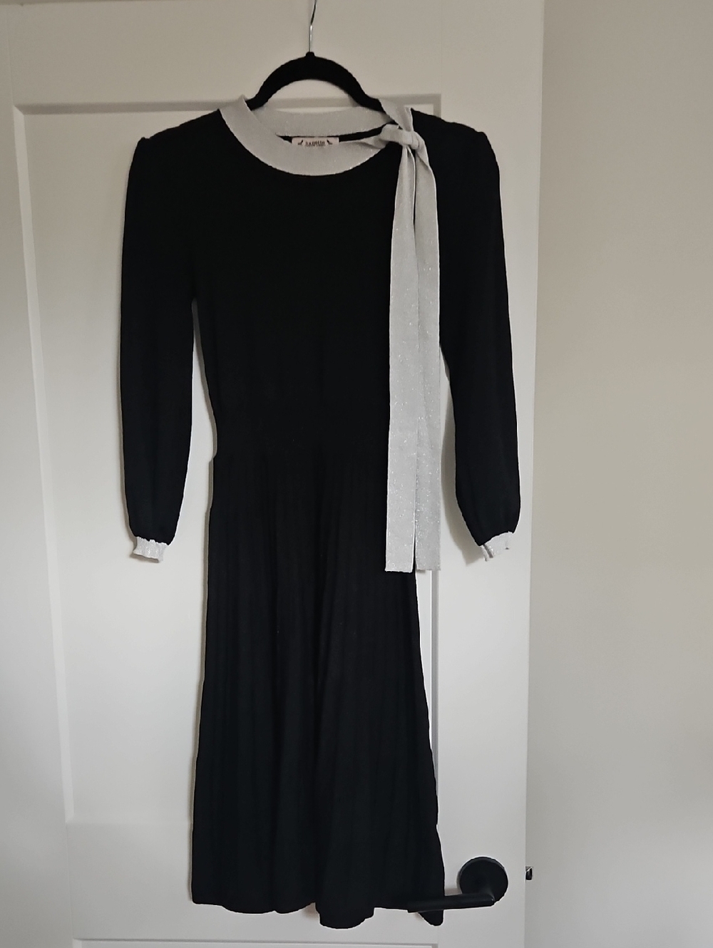 Black Knit Long-Sleeve Dress with White Tie Neck